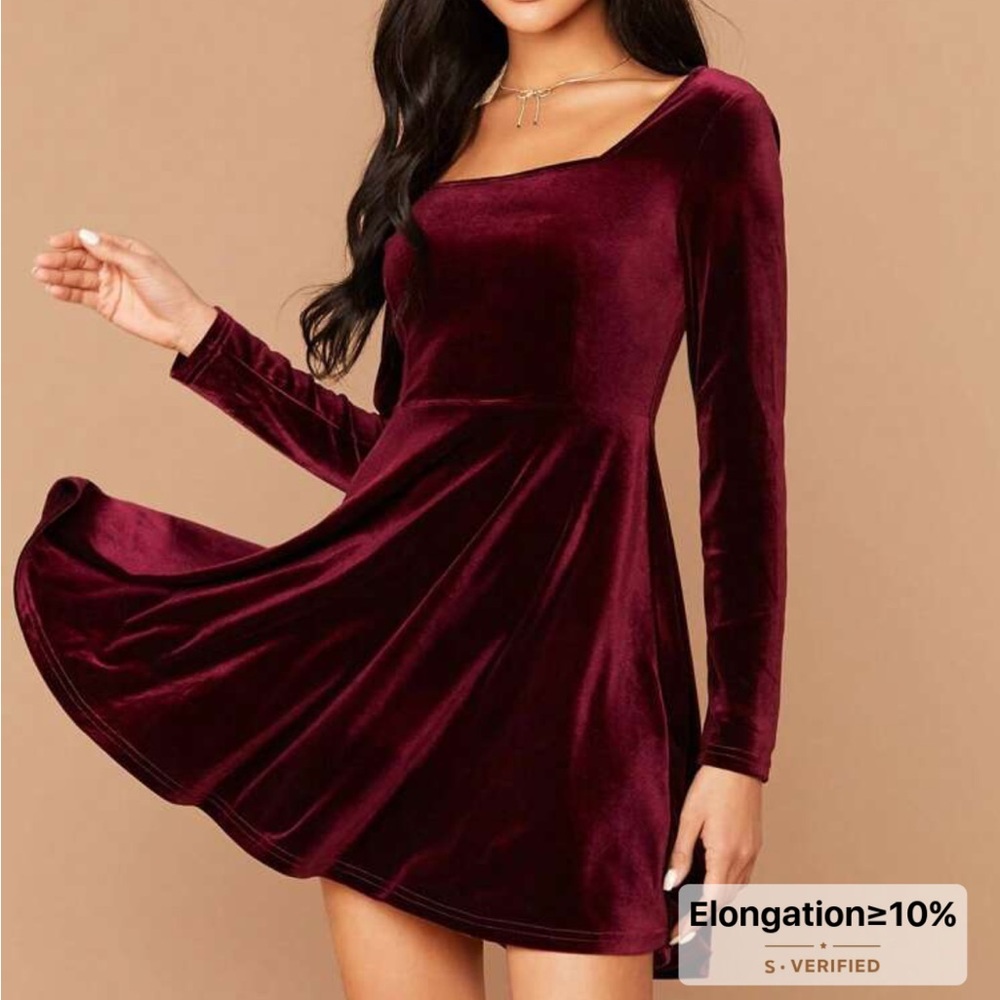 SHEIN Velvet Long Sleeve Dress in Deep Burgundy